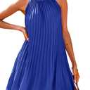 PRETTYGARDEN Women's Cute Halter Neck Sleeveless Mini Dress Solid Color Flowy Pleated Beach Dress Sundress (Blue)