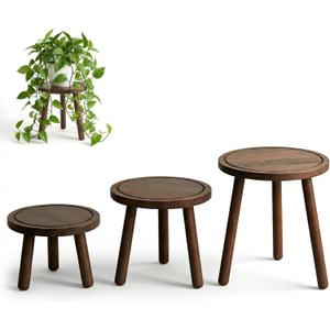 3-Pack Plant Stand Indoor, Single Wood Plant Stand for 6-12 Inch Pots, Modern Plant Stool for Large Plants, Wooden Plant Table Tall Plant Holder for Living Room Balcony Office (Dark Brown)