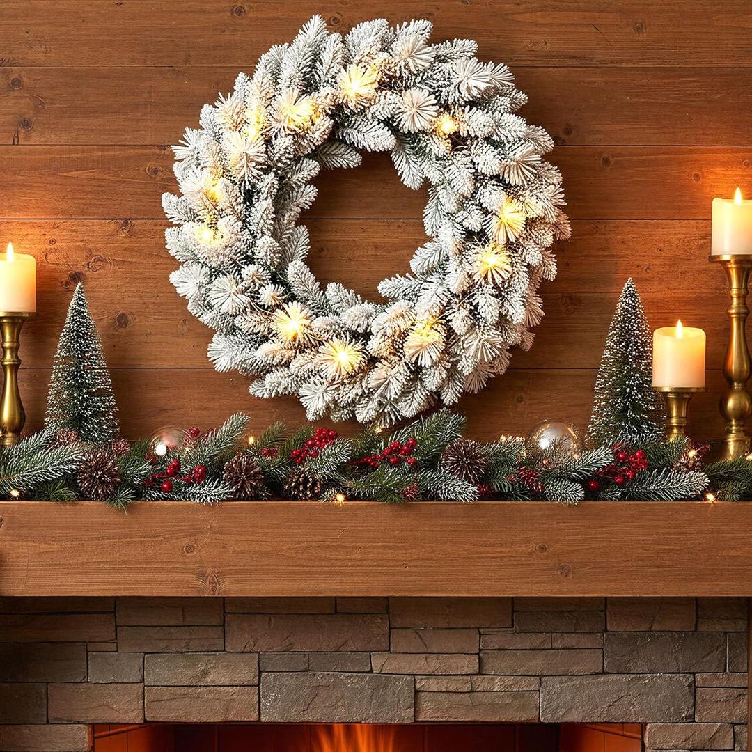 Flocked Christmas Wreaths for Front Door 13.7 Inch with 20 LED Lights Artificial Snow Spruce Christmas Wreath for Indoor Outdoor Wall Window Fireplace Table Centerpiece Winter Holiday Decor