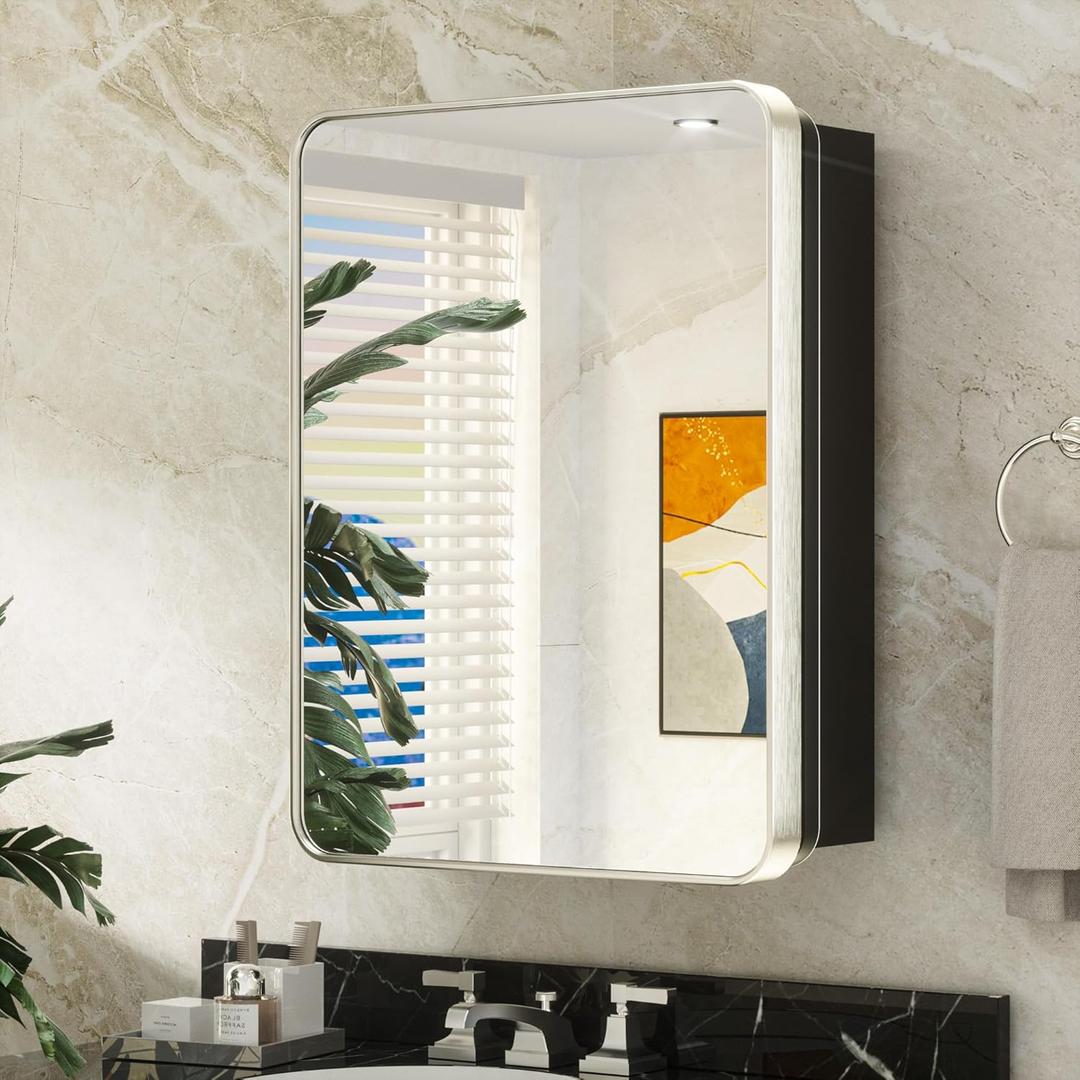 Keonjinn 20 x 26 Inch Brushed Nickel Recessed Medicine Cabinets, Bathroom Mirrored Medicine Cabinet, Brushed Nickel Stainless Steel Framed, Adjustable Shelves, In Wall or Surface Mount, Sturdy, Modern (Mirror: 21x27)