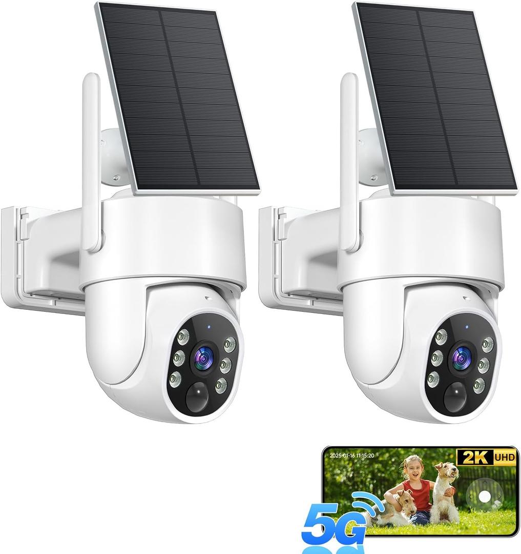 Solar Security Cameras Wireless Outdoor, 5G&2.4GHz WiFi Cameras for Home Security, 2K PTZ Battery Powered Outside Cam, 2 Way Talk, Color Night Vision, Human Detection for Porch/Garage/Yard, 2 Packs (White)