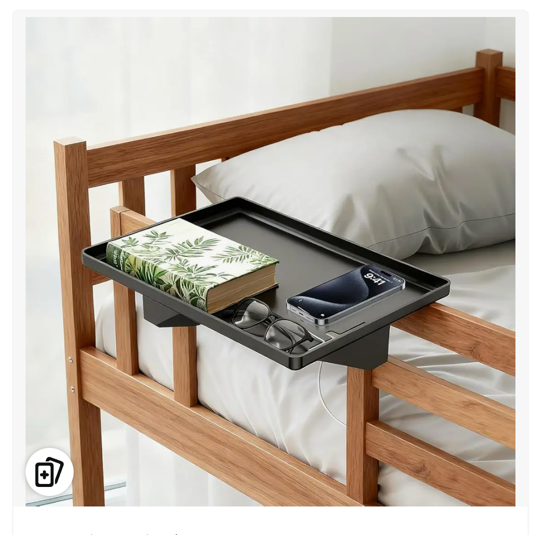 Bedside Shelf for Dorm Room, Metal Bunk Bed Table Shelf with Cord Hole for Top Bunk, College Dorm Room Essentials, Clip on Nightstand Tray Organizer for Bunk Loft Dorm Bed (Black)