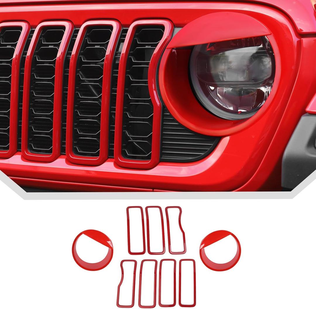 JeCar 9pcs Red Headlight Covers & Grill Inserts Trim Kit for 2024 2025+ Jeep Wrangler JL JLU Gladiator JT
