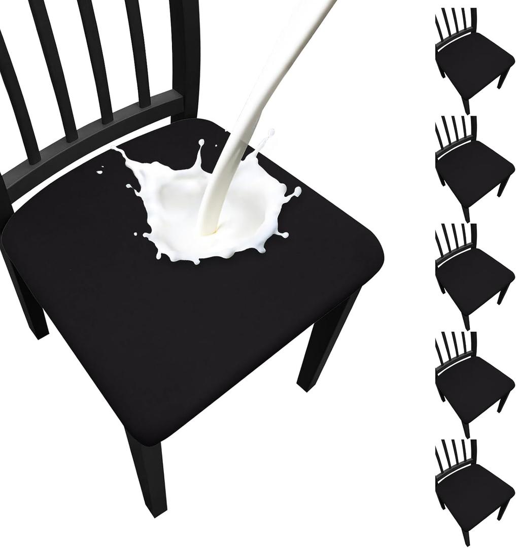 Waterproof Dining Chair Seat Covers Set of 6, Stretch Removable Dining Room Seat Covers for Dining Chairs, Kitchen, Hotel, Party (Black)