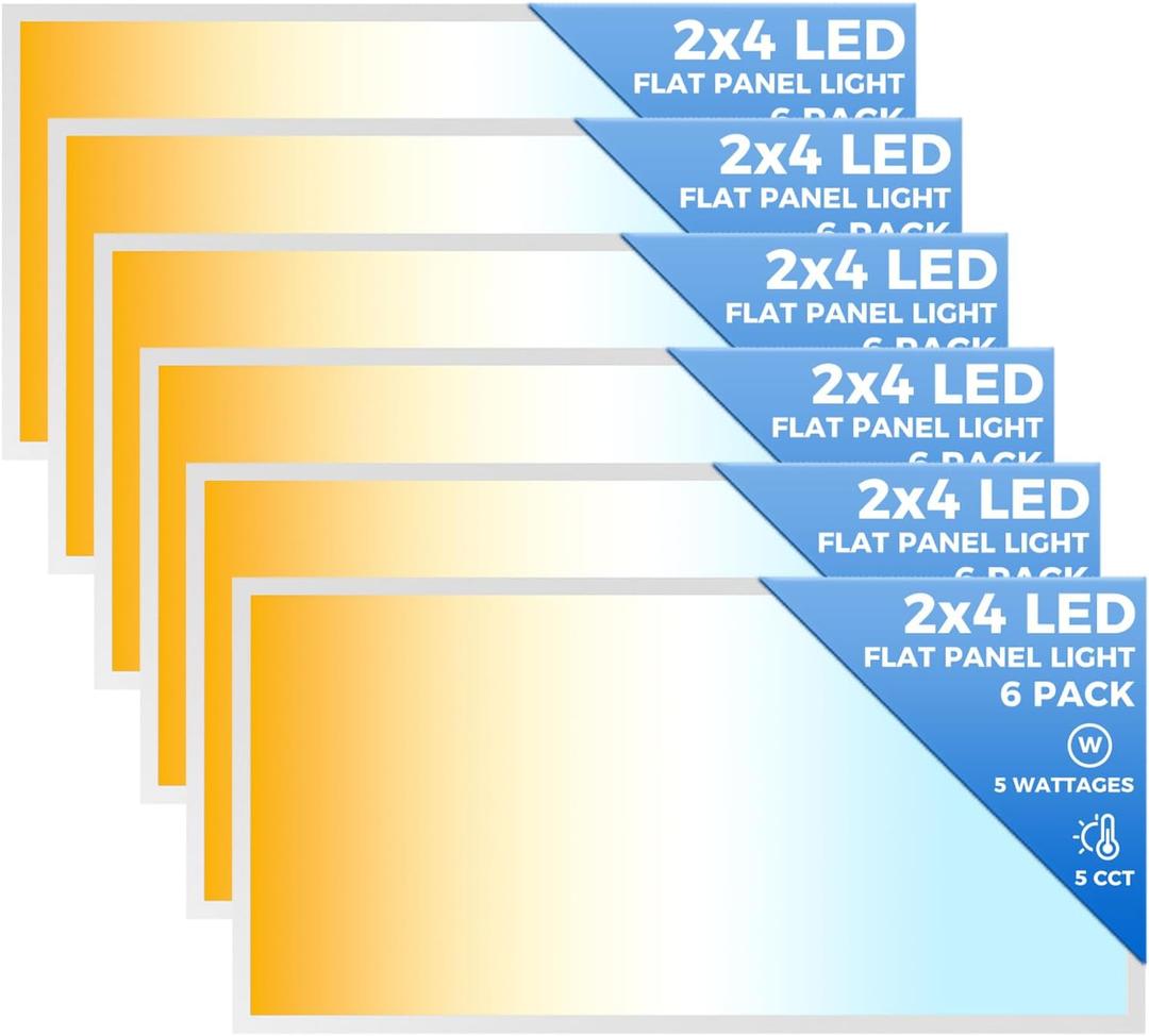 6 Pack 2x4 LED Flat Panel Light, Dimmable Flush Mount Office Kitchen Drop Ceiling Light Fixtures, 9100LM,Switchable 5 CCT 3000K/4000K/5000K/5700K/6500K & 5 Wattages 30W/40W/50W/60W/70W
