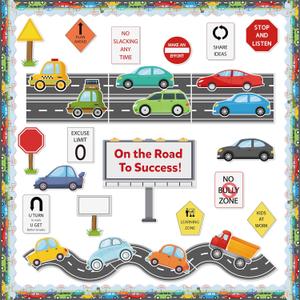 115Pcs Back to School On The Road to Success Car Bulletin Board Classroom Decoration Car Traffic Road Cutouts Name Tags Trim Back to School Party Supplies Classroom Chalkboard Wall Door Decor