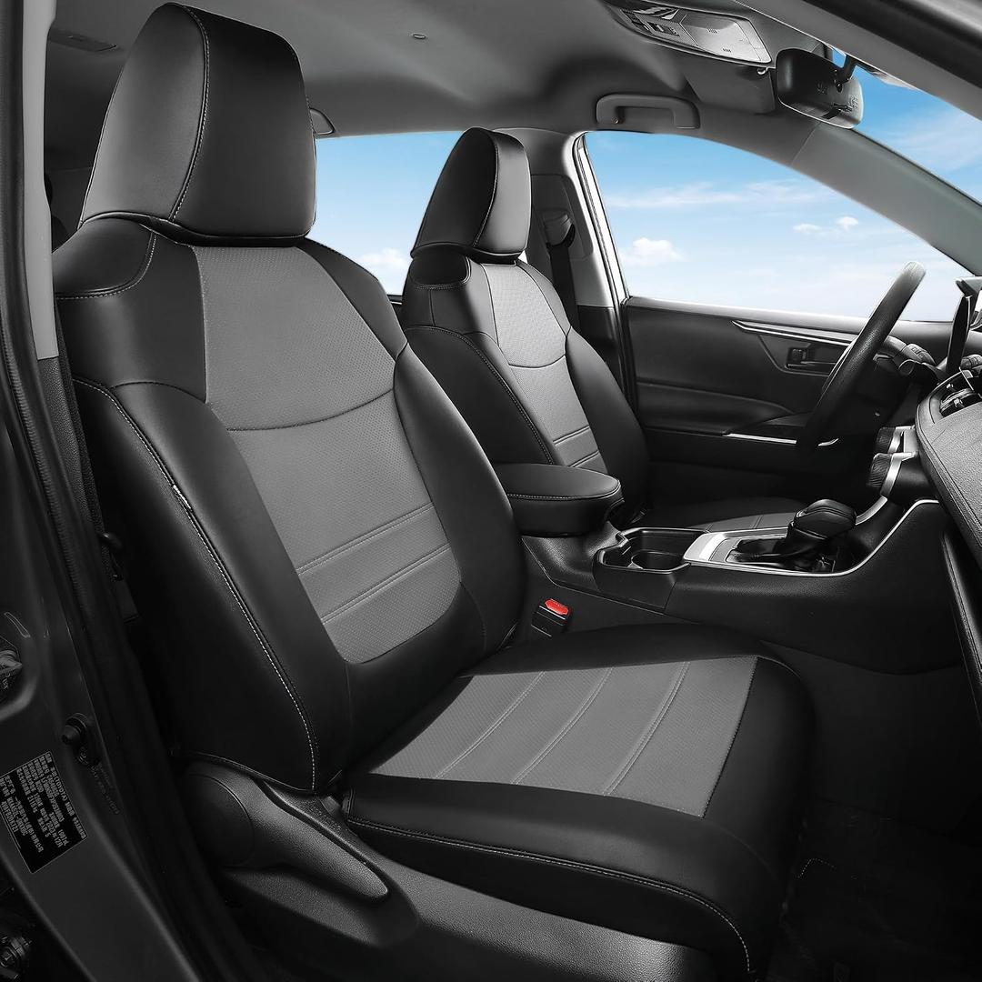 FREESOO Custom Fit RAV4 Seat Cover for Toyota RAV 4 2019-25 Gasoline LE XLE Premium Limited, Faux Leather, 4Layer Waterproof, F/R Headrest, Airbag Deployment Compatible, Durable, Black Gray Full Set