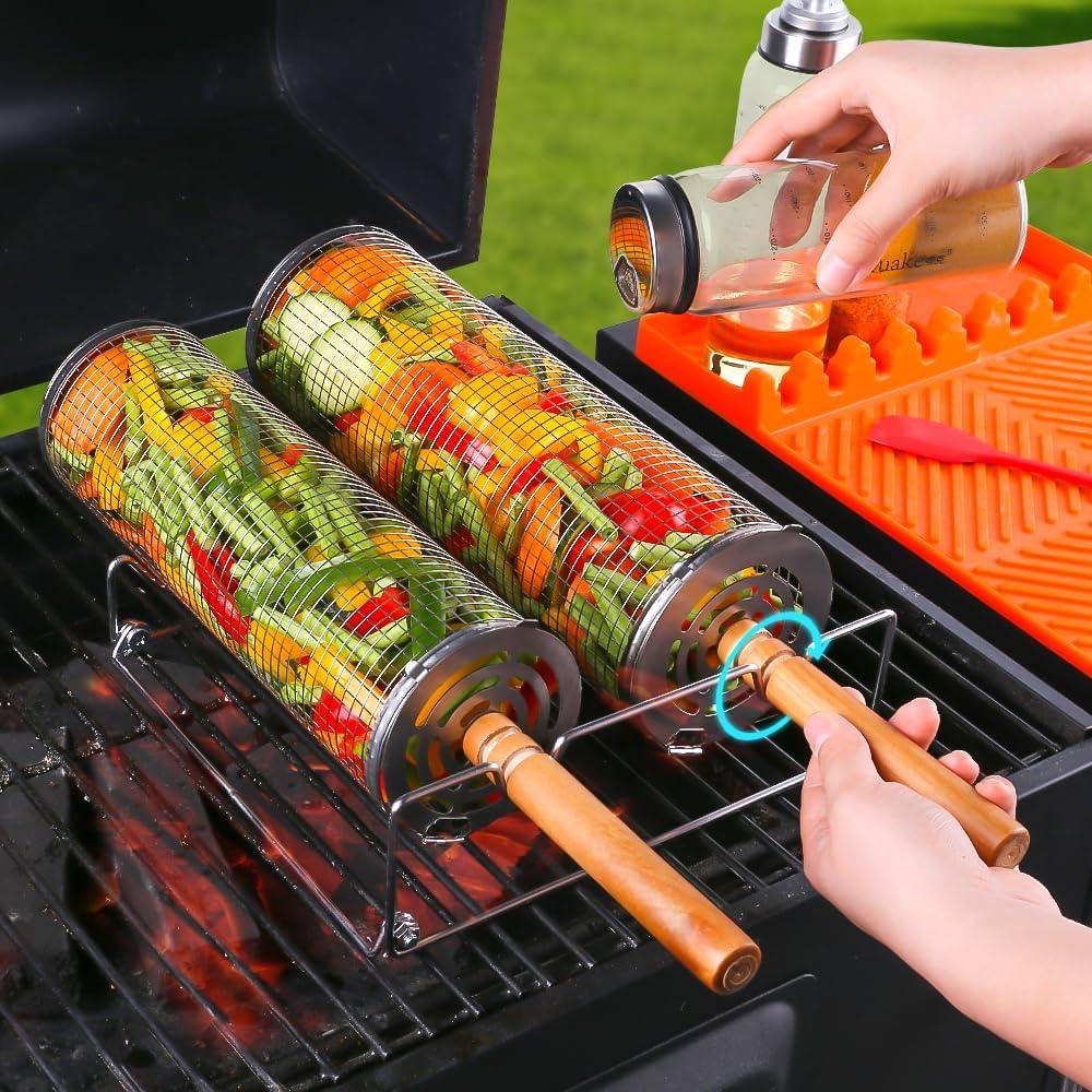 Rolling Grill Baskets (2PCS), Removable Wooden Handle, 304 Stainless Steel, Nesting Grilling Net, BBQ Accessories Tools for Vegetable Shrimp, Outdoor Cooking Camping, Birthday Gifts for Men/Dad/Husband