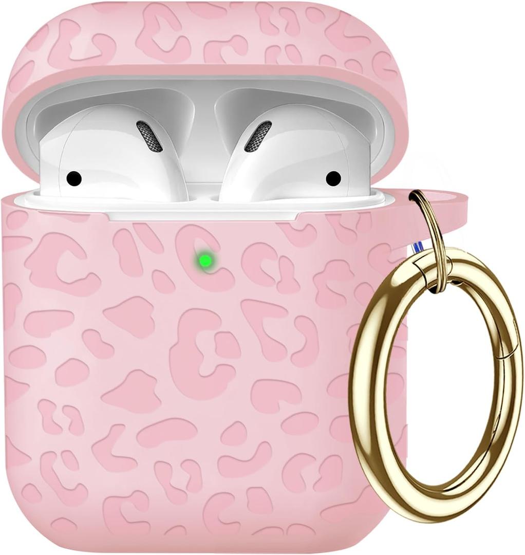 Compatible with Airpods Case Leopard Engraved Skin Cover Compatible with Airpods 2nd/1st Charging Case,Cute Soft Silicone Full Protective, Front LED Visible, Pink
