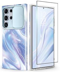 GVIEWIN for Samsung Galaxy S24 Ultra Case with Slide Camera Cover+Screen Protector, [Military Grade Shockproof] Marble Protective Slim & Tough Phone Case for S24 Ultra 6.8"(Aurora/ Azure Blue)