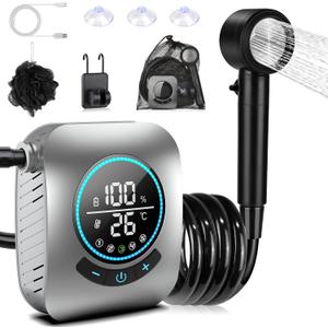 Portable Shower for Camping, [Upgraded] Spopal 8000mAh Rechargeable Camping Shower with 5 Adjustable Speeds, 4 Spray Modes, LED Display, IPX8 Waterproof Outdoor Shower Kit for Hiking, Travel, Car, Pet (Gray)