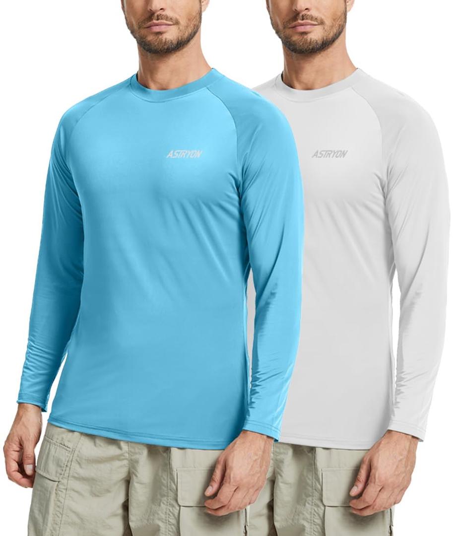 ASTRYON 2 Pack Mens Sun Protection Shirts UPF 50+ Long Sleeve Swim Rash Guard for Fishing, Running, Quick Dry Lightweight Blue White (XL)