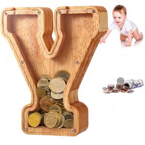 WOOD CITY Letter Piggy Bank for Adults Boys Girls Kids, Wooden 9 inch Large Personalized Bills and Coins Bank Money Box, Customized Name DIY Creative Gift for Real-Money, Alphabet Decorations (Y)