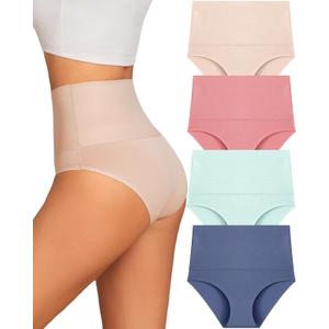 UNDER THE SEA Tummy Control Underwear for Women High Waisted Briefs Seamless Full Coverage Ladies Panties 4 Pack S-XXXL (Large, Navy+beige+green+pink)