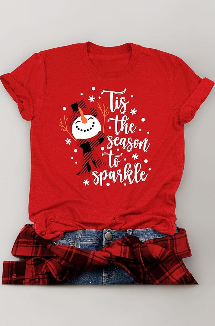 Christmas Snowman Shirt for Women Tis The Season to Sparkle Xmas T-Shirts Graphic Plaid Holiday Blouse Tops, Large