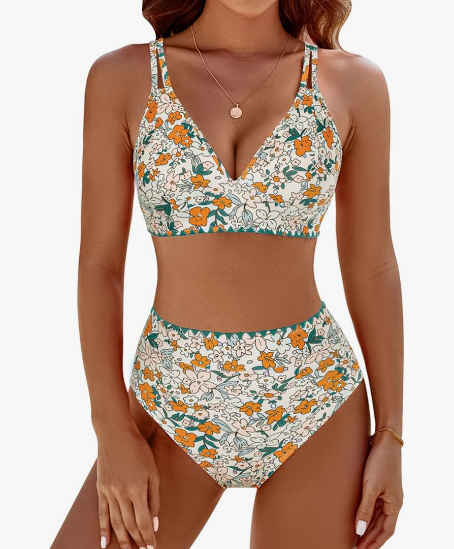 BMJL Women's Bikini Sets V Neck High Waisted Swimsuits Shell Stitched Cheeky Two Piece Bathing Suit XL