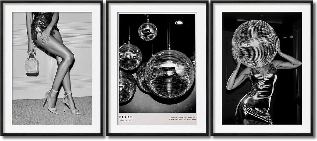 Fashion Wall Art Posters Set of 3, Black and White Prints Glam Disco Ball, High Heels and Party Scene, Modern Nightclub Dance Wall Decor Picture Painting for Bedroom, Bar, Studio, Hotel 16x24 IN Unframed