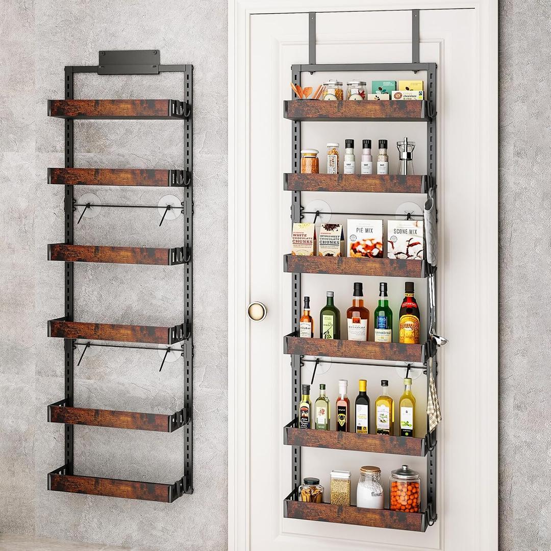 Bukfen Over the Door Pantry Organizer, 6-Tier Adjustable Wooden Basket for Kitchen Pantry Door Organization and Storage, Heavy-Duty Metal Hanging Kitchen Spice Rack, D6.3 x W17.71 x H50.60 inch, 1 Pack