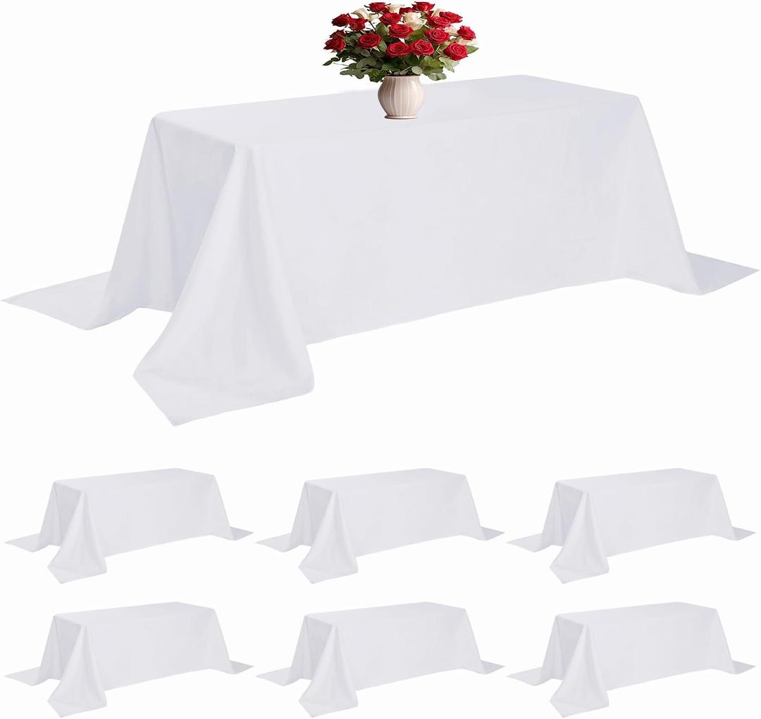 6 Pack White Tablecloth 90 x 132 Inch Table Cloth for 6 Foot Rectangle Tables, Wrinkle Resistant Washable Polyester Fabric Table Covers for Party, Wedding,Dining,and Banquet, 90 x 132 Inch 6pcs