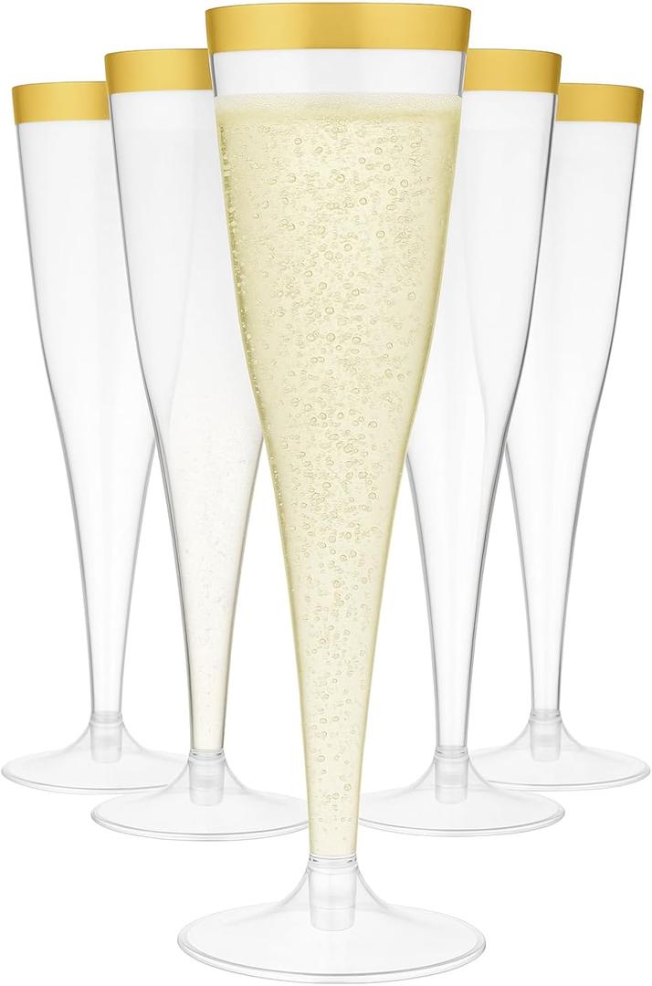 Oojami 30 Plastic Classic Champagne Disposable Flutes for Parties Plastic cups Wedding Party Toasting Cocktail Cups Bulk Party Pack (Gold Rim) 4.5 oz