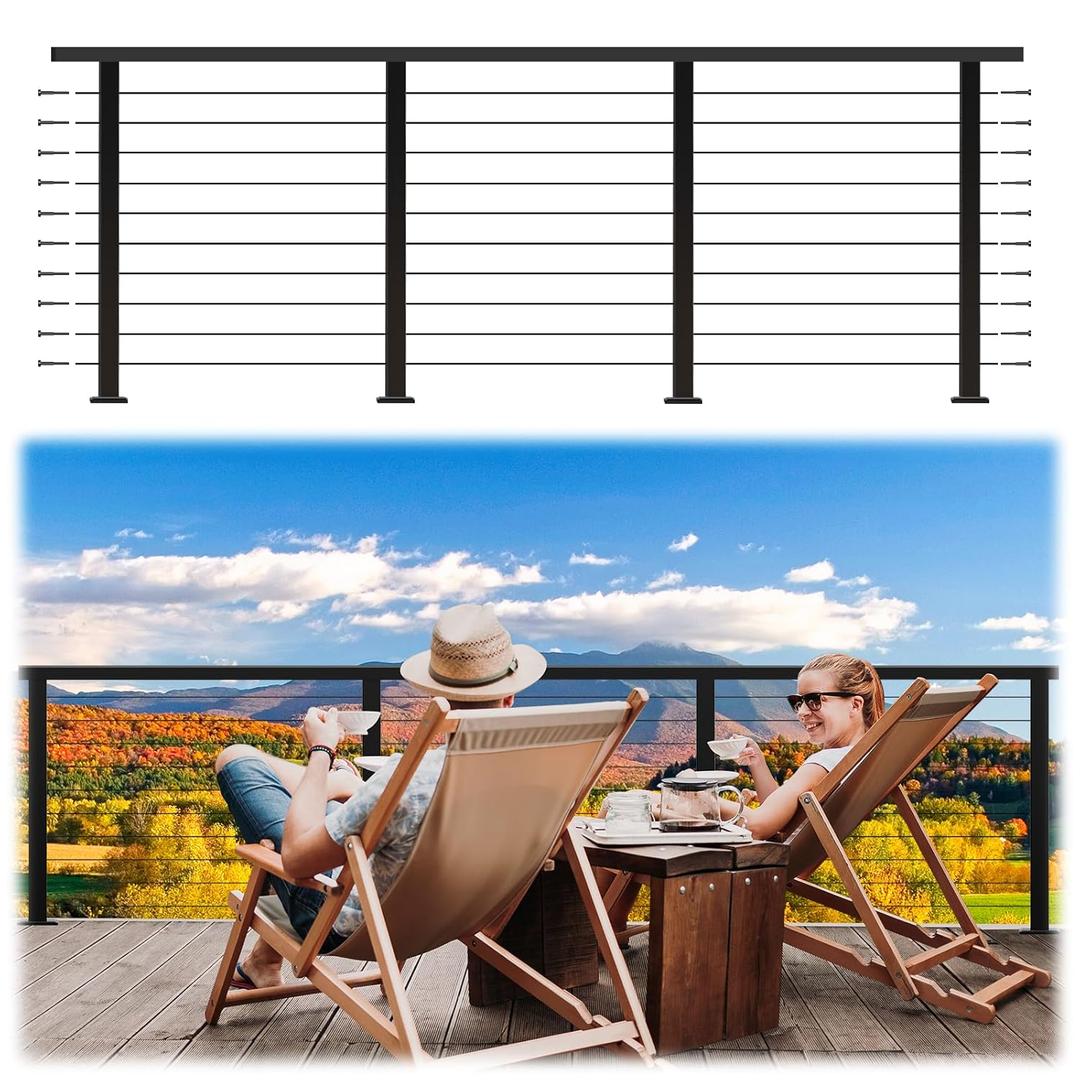 12ft Complete Set Cable Railing System 36" with Cuttable Handrail DIY Cable Rail, Black T304 Stainless Steel Cable Railing Posts Kit, One-Stop Easier for DIY for Indoor Outdoor Level Decks
