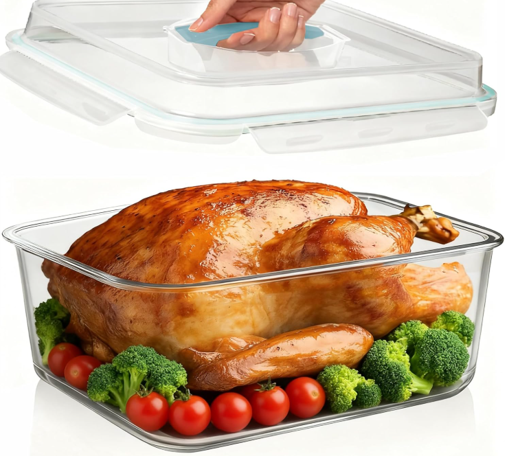 Hontent Large Glass Storage Containers with Lids 201oz Extra Large Big Airtight Glass Food Storage Containers for Rotisserie Chicken Watermelon Leftovers Marinade Turkey, BPA Free, Dishwasher Safe, Blue