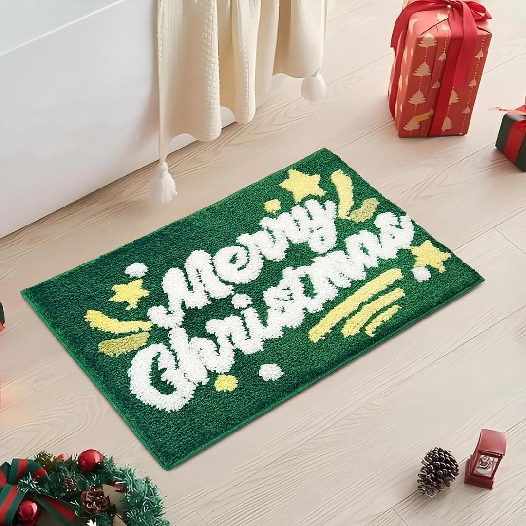 Christmas Green Bathroom Rugs Cute Bath Mat, Extra Thick Soft Absorbent Bathroom Mat Non Slip Washable Quick Dry for Christmas Decorations, 24" x 16"