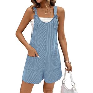 Ekouaer Rompers for Women 2026 Fashion Ribbed Knit Jumpsuit Scoop Neck Loose Outfit Wide Leg Summer One Piece Shortalls, M