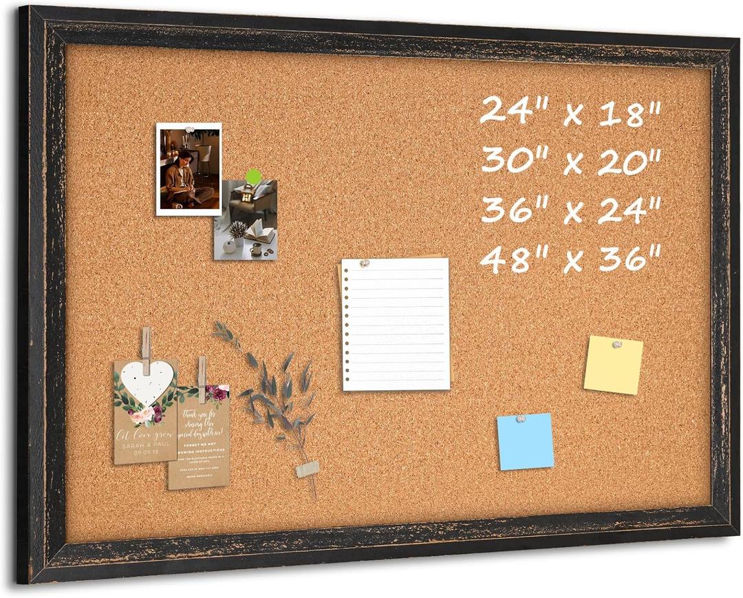 Cork Board Bulletin Board - 24" x 18" - Rustic Black Frame Corkboard for Wall - Decorative Pin Board, Message Board, Vision Board, Picture Board, Photo Board