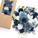 Ling's moment Fake Flowers Box, Faux Artificial Greenery Stems Foam Roses Gardenias Silk Dahlia Peony Fabic Flower for Centerpieces Bouquet Wedding Vase Decorations, Dusty Blue & Navy, Deluxe Combo