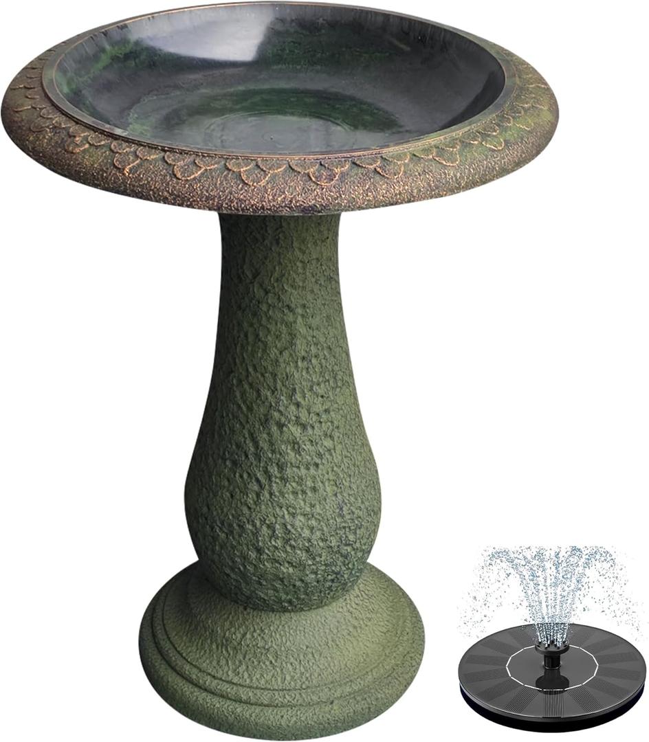 Pedestal Birdbath with Solar Fountain, Resin Stone Composite Outdoor Garden Decor, Standing Bird Bath for Outside Patio Yard, 23-Inch Tall, Garden Fountain, Resin Bird Baths, Hummingbird Bowl (Roman Green)