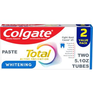Colgate Total Whitening Toothpaste Paste, 5.1 oz, 2 Pack, Fluoride Antibacterial for Plaque, Gingivitis, Sensitivity, Stain Removal, Clinically Proven, Mint, Exp 2027