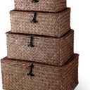 Woanger Set of 4 Wicker Storage Baskets OrganizerHandwoven Storage Bins with Lid for Organizing, Home Utility Box for Home Office Supplies Multipurpose Container(Coffee)