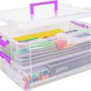 2 Layer Plastic Storage Containers with Lids, Multipurpose Clear Stack & Carry Box, Portable Craft Organizers and Storage Bin for Organizing Art & Craft, Sewing, Makeup, Nail Supplies (Purple)