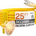 25 ft 12 Gauge Heavy Duty 3 Outlet Extension Cord Splitter with Indicator, Waterproof Outdoor Extension Cord with Multiple Outlets, 15A 1875W for Garden, ETL Listed, Flexible Yellow SJTW