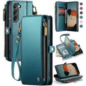 Defencase Compatible with Galaxy S21 FE 5G Case Wallet with RFID Blocking Card Holder for Women Men, PU Leather Magnetic Snap Flip Zipper Strap Phone Case Fit for Samsung Galaxy S21 FE 5G, Blue Green