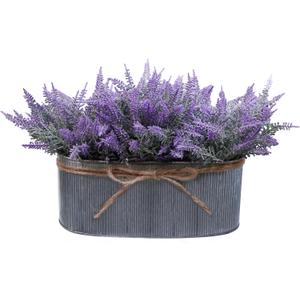 Winlyn 10 Inch Artificial Lavender Flower Arrangement in Rustic Oval Galvanized Metal Planter Box Faux Lavender Potted Plants for Farmhouse Spring Table Centerpiece Wedding Home Office Kitchen Dcor