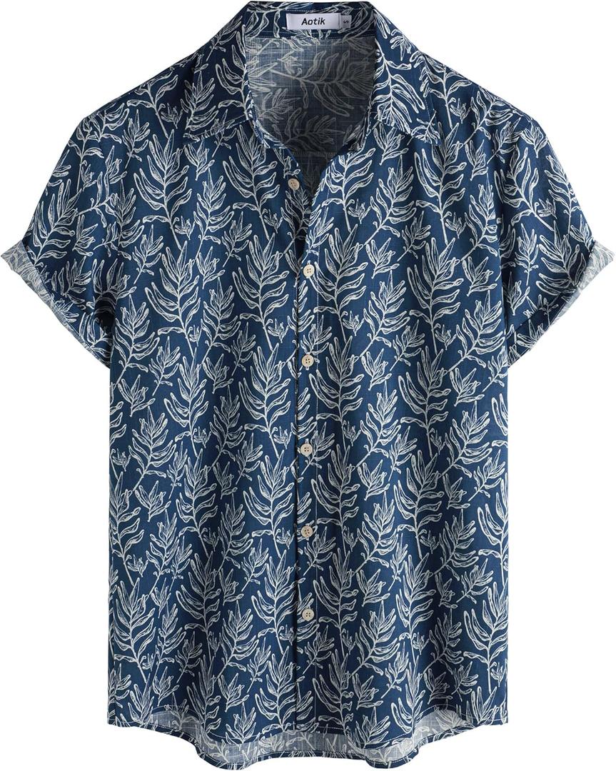 Mens Hawaiian Shirt Short Sleeve Button Down Cotton Floral Shirts Casual Tropical Beach Summer Shirts (Blue, XXXL)