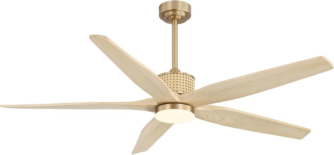 LEDLUX 60" Ceiling Fan with Light  Remote Control, Solid Wood, Quiet Reversible DC Motor, Light Oak/Gold Finish, Includes 4.5"/12" Downrods, Noiseless Ceiling Fan for Bedroom, Living Room, Porch