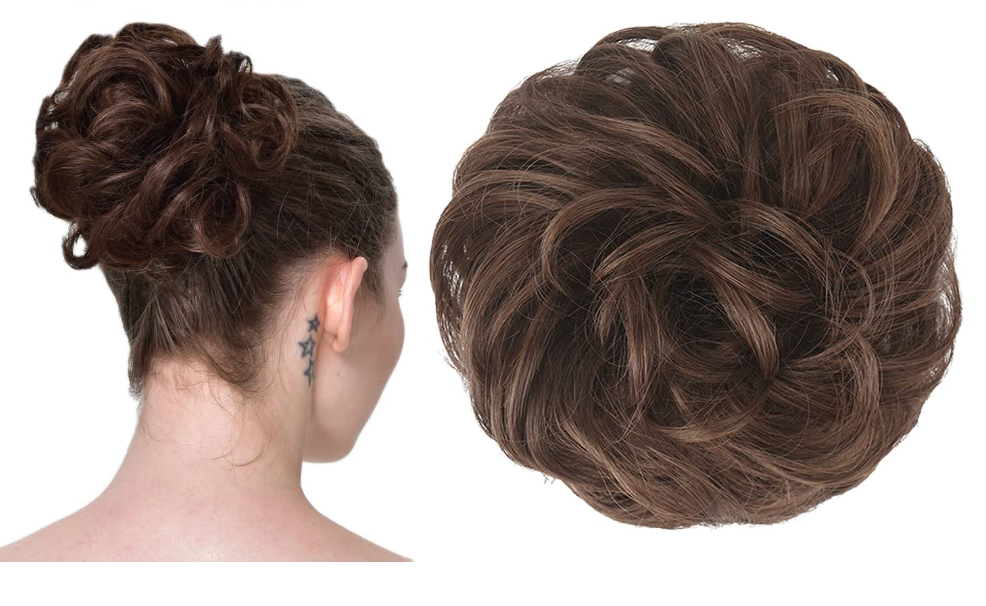 FESHFEN Messy Bun Hair Piece - Wavy Synthetic Chignon Scrunchies for Instant Volume, Elastic Bun Ponytail Hair Extensions Thick Hairpieces for Women, Black Brown 1.50 oz