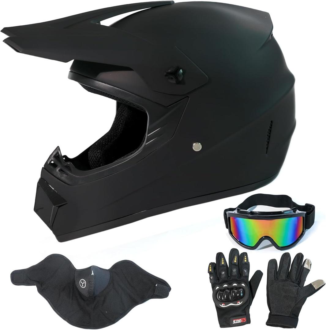 LASFRE Dirt Bike Helmets Adults Black DOT ATV Motocross Motorcycle Off-Road Street Mountain Bike Full face with Goggles Gloves Mask Matte Black XL (60-61 cm)
