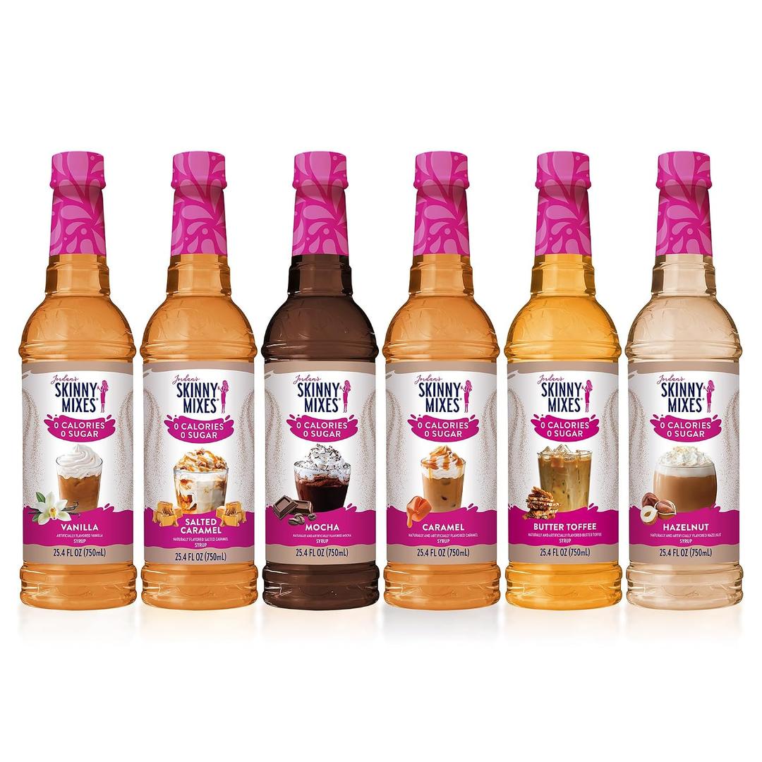 Jordan's Skinny Mixes Sugar Free Coffee Syrup, 6 Sampler Variety Pack Coffee Flavoring Syrup, Zero Calorie Drink Mix, Lattes, Baking, Protein Shake or Cocktail, Dairy & Gluten Free, Kosher, 25.4 Fl Oz (EXP 12/09/26)