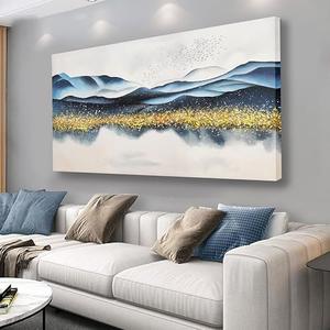 AERART Wall Decor Blue Gold Foil Ink Mountain Landscape Painting Canvas Wall Art Mountain View Artwork Canvas Painting for Living Room Bedroom Office Home Decor 20x40 in