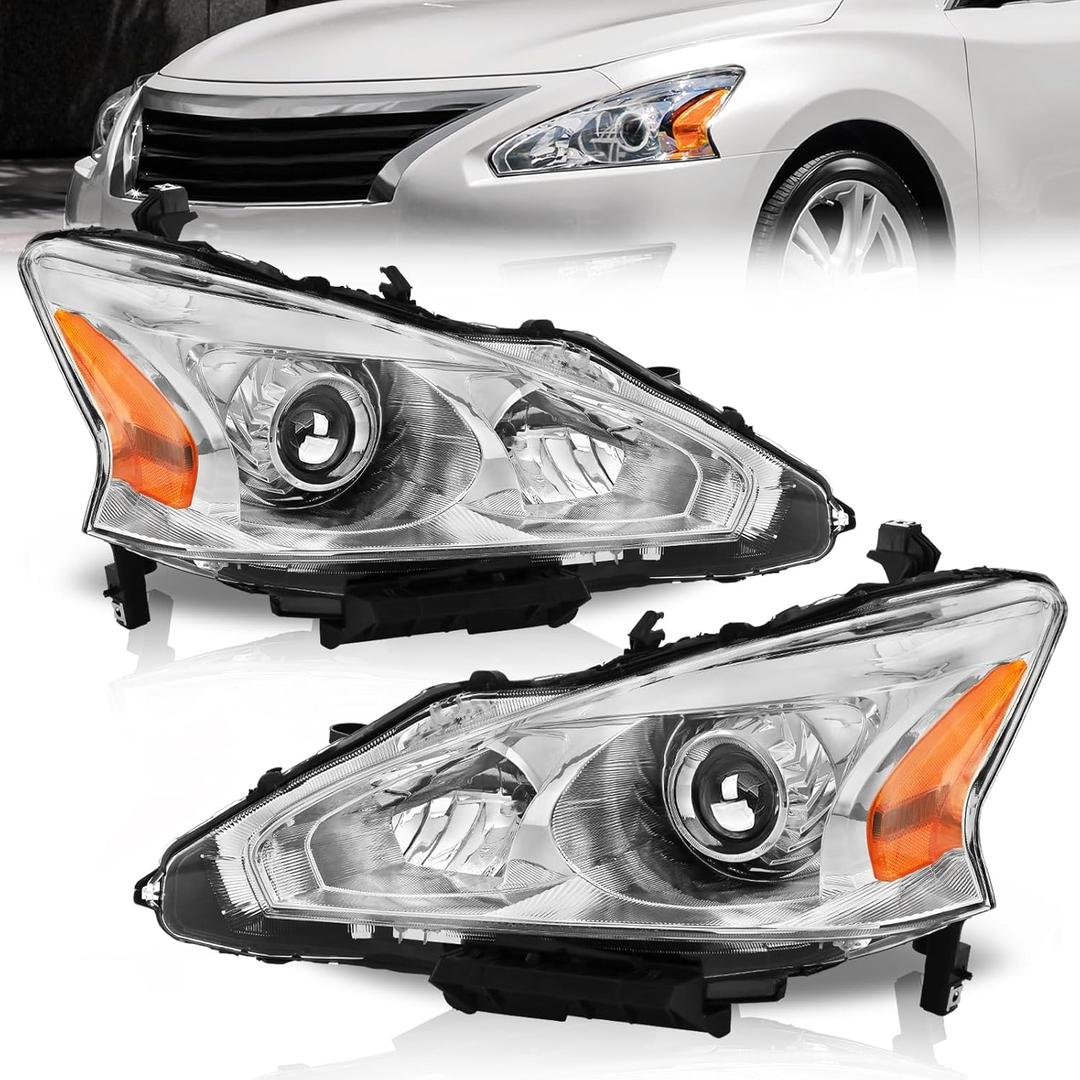 ELH Headlight Assembly Compatible With 2013-2015 13-15 Altima 2013 2014 2015 13 14 15 Altima S/SL/SV Only Fit 4 Door (Chrome Housing Amber Reflector)