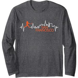 Vintage San Francisco Skyline Baseball Heartbeat Men Women Long Sleeve T-Shirt (Dark Heather Grey, L)