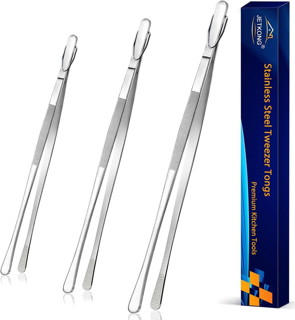 2 x JETKONG 3 Pcs Extra Long Kitchen Tweezers Heavy Duty Stainless Steel Cooking Tweezers (9 12 14 Inch, Silver)