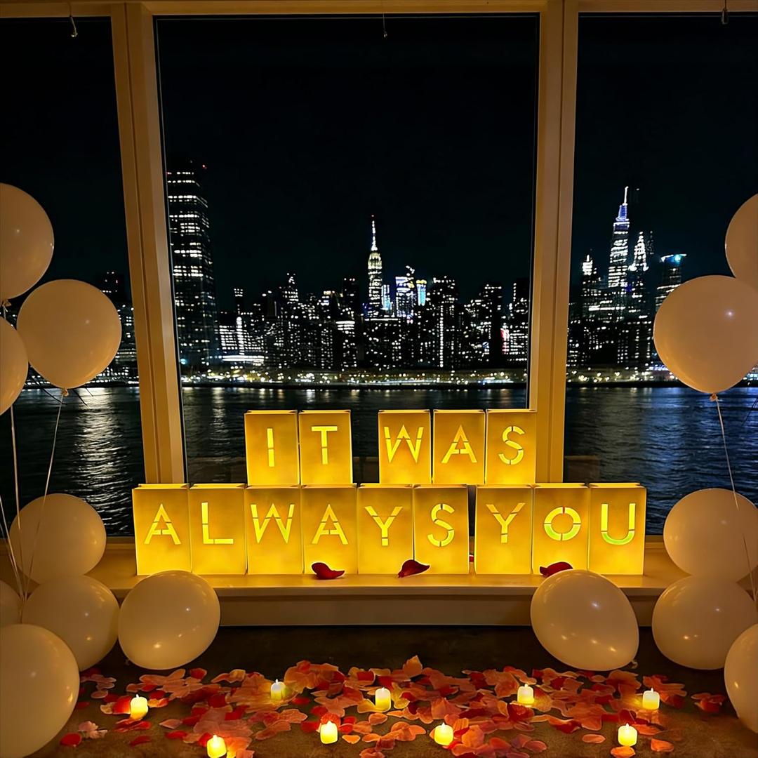 NEXAGEBIUS Valentines Day Decorations It Was Always You Sign Luminary Bags Light Up Letter Set with 2000PC Rose Petals and Candles for Anniversary Romantic Decorations Special Night Decor for Woman Man Girl
