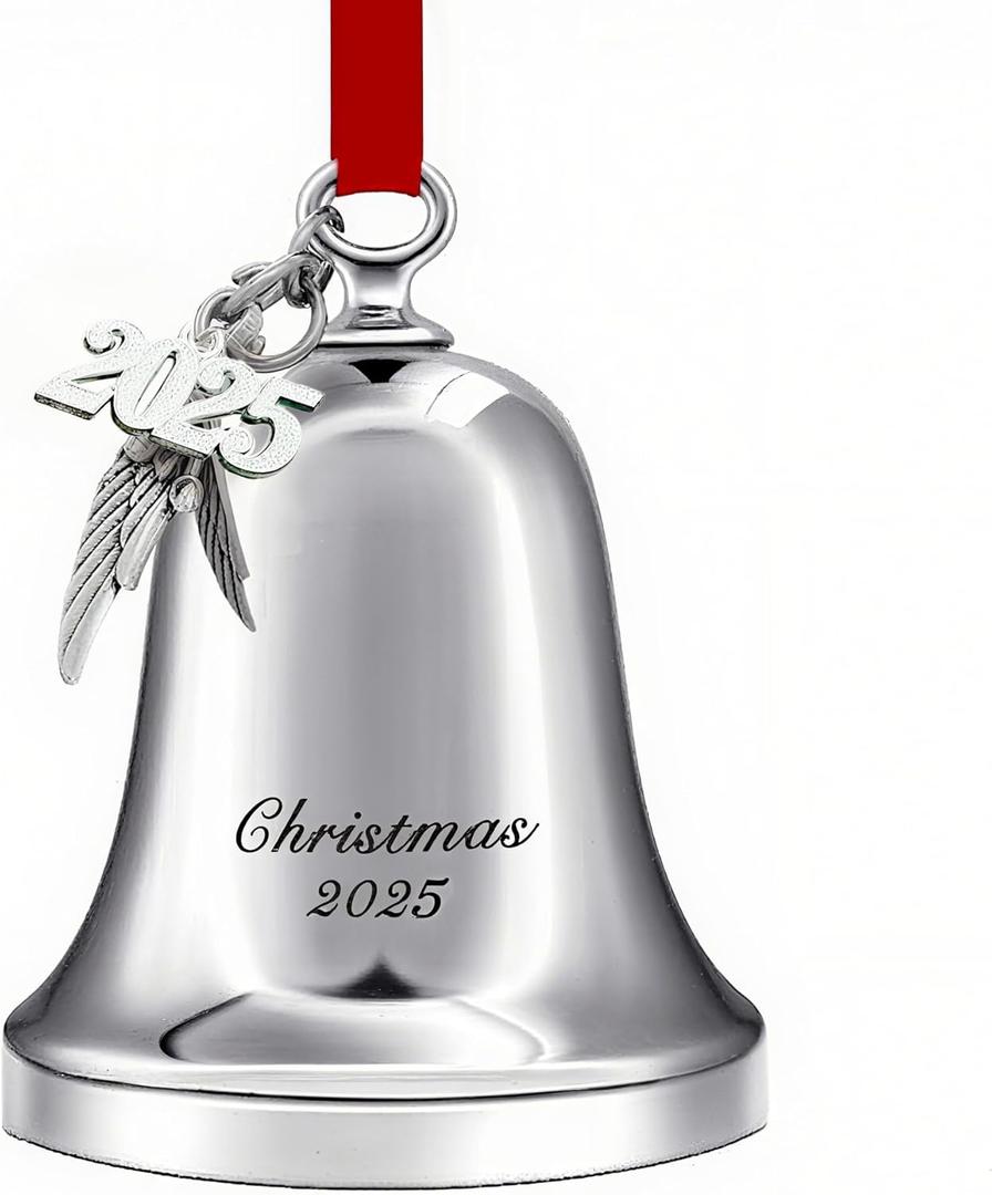 Christmas Bell Ornament Iron Plated Bell Ornament with Red Ribbon Perfect Annual Christmas Tree Decoration 2025 (Silver