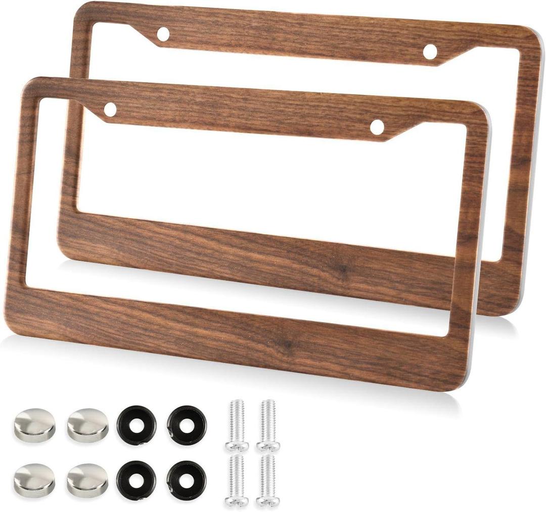 Kigai Brown Wood Pattern License Plate Frames 2PCS Car License Plate Holder with Screw Caps Cover Set Automotive Parts Decoration for US Vehicles (A4)