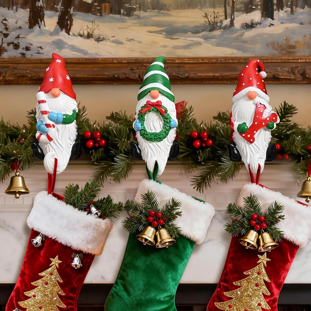 3PCS JOY Christmas Gnomes Stocking Holders for Mantel, 3D Resin JOY Christmas Stocking Hangers Hooks, Gnomes Figurines Decoration, Heavy Duty Gnome Hangers for Xmas Fireplace Holiday Decoration